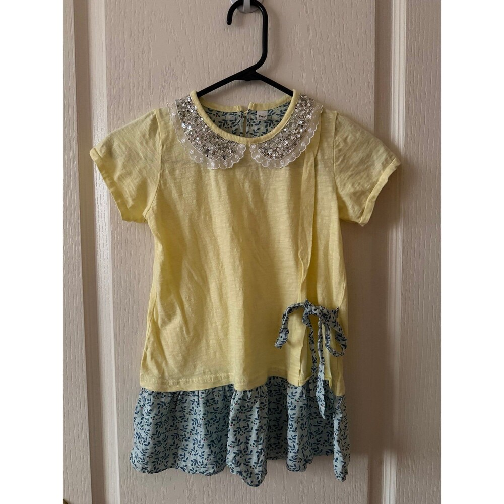 Girls Asian Size 9 Yellow Sequin Collar Floral Ruffle Hem Tunic Top Pro-i Girl